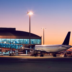 Airport at the colorful sunset