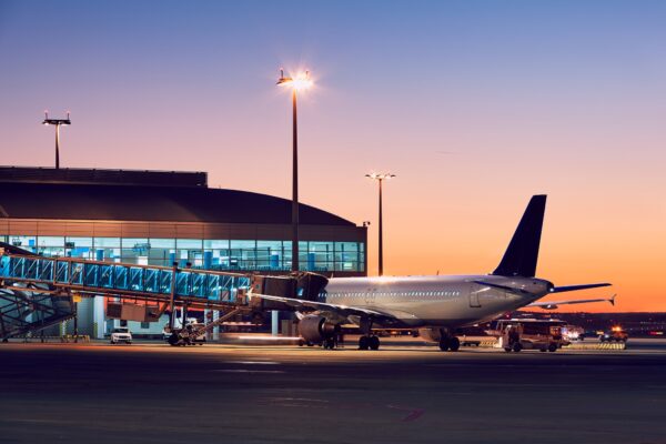 Airport at the colorful sunset